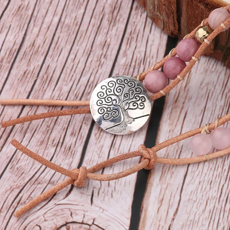 

Natural Stone Bracelet Pink Quartz Leather Wrap Bracelets for Women Rose Gems Crystal Beads Bohemia Jewelry