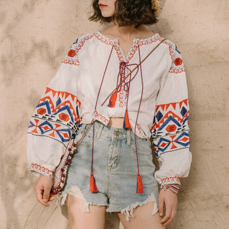 bordadas étnicas de algodón para mujer, camisas de manga con borlas, estilo nacional, bohemio, Vintage, Blanco/Rojo| | - AliExpress