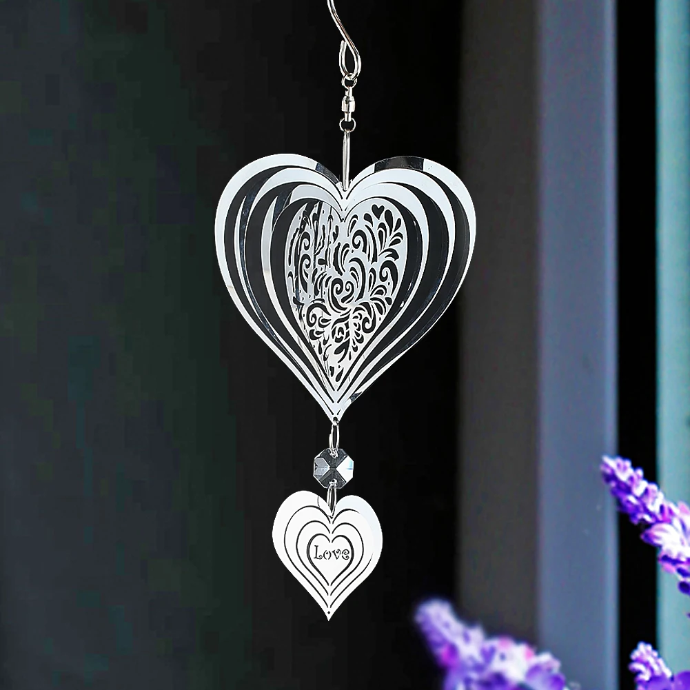 Heart Kinetic Wind Spinner Stainless Steel Wind Chimes Catcher Mirror 3D Flowing Effect Outdoor Yard Hanging Decor Rotate Hook