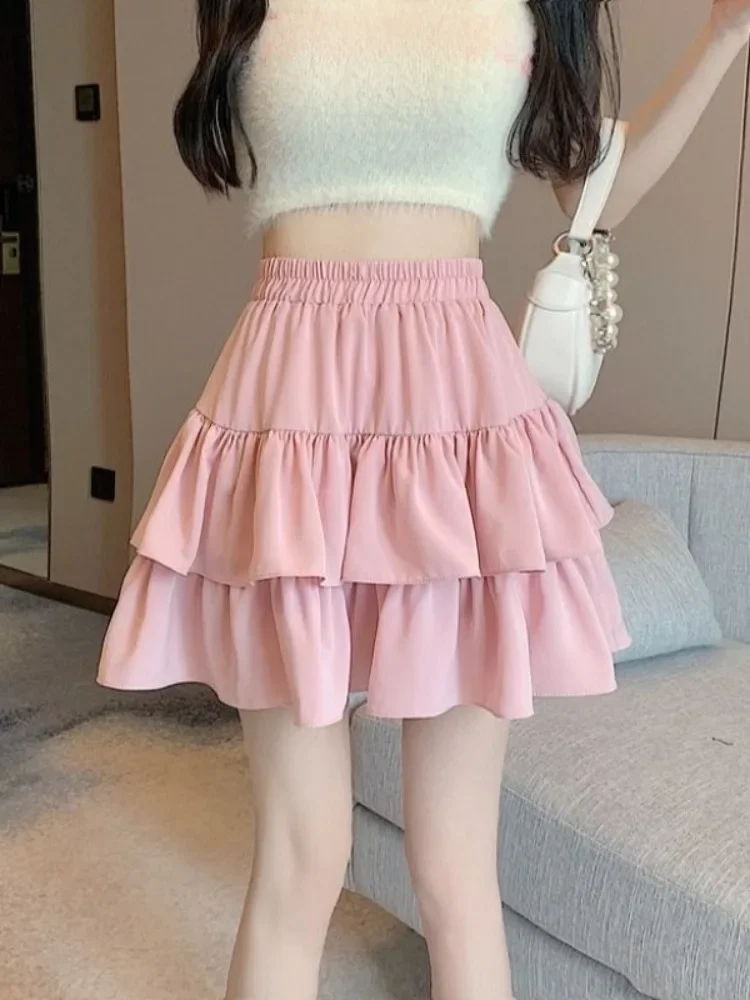 2024 New Ruffled Cake Skirts Women High Waist A-line Solid All-match Sweet Lovely Girl Korean Gentle Spring Kawaii Casual Skirts 1