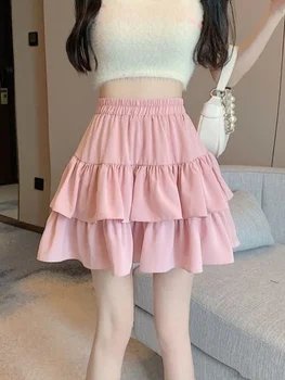 2024 New Ruffled Cake Skirts Women High Waist A-line Solid All-match Sweet Lovely Girl Korean Gentle Spring Kawaii Casual Skirts 1