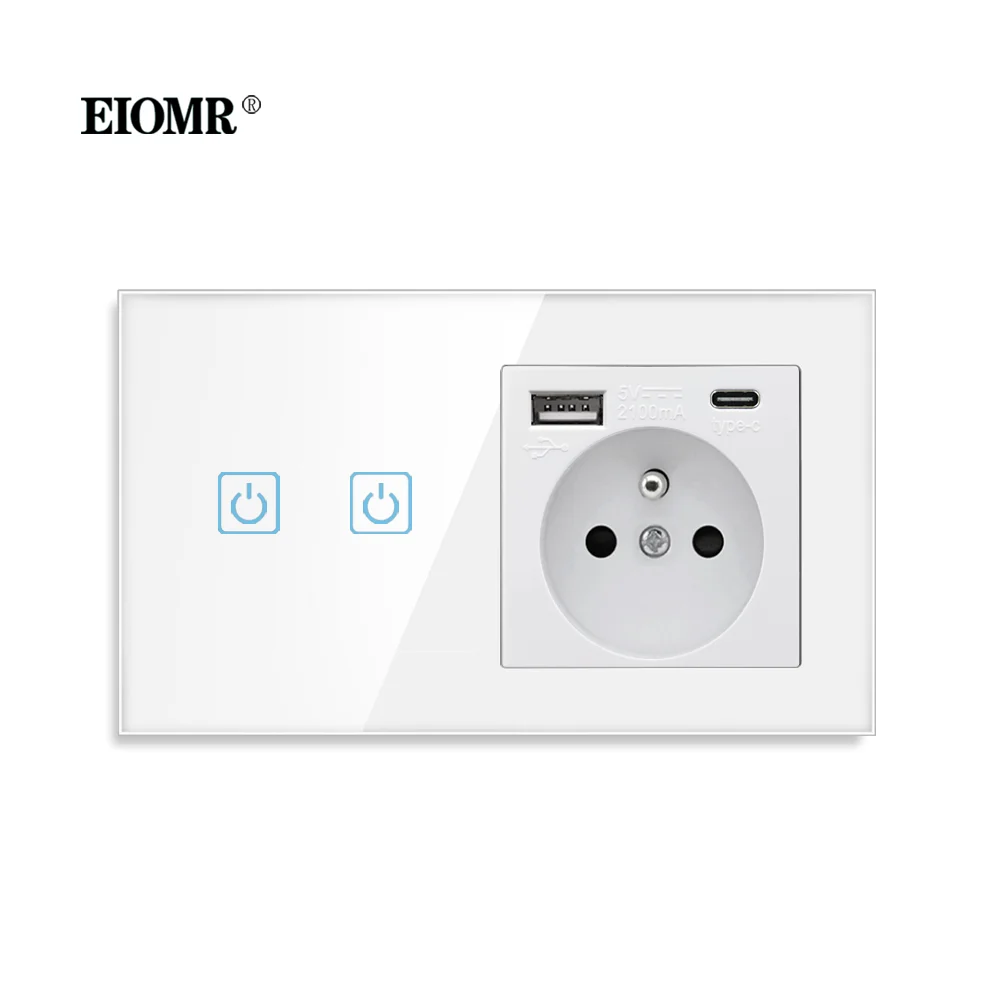 Eiomr France Interruttore Sensore Tattile Con Presa Pannello In Cristallo 110 ~ 250V 16A Presa A Muro Con Interruttore Luce Miglioramento Domestico
