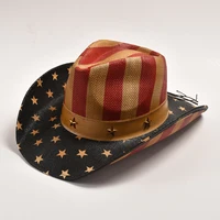 Classic American Flag Western Cowboy Hats Summer Straw Wide Brim Beach Sun Hat Cowgirl Party Jazz Hat 1