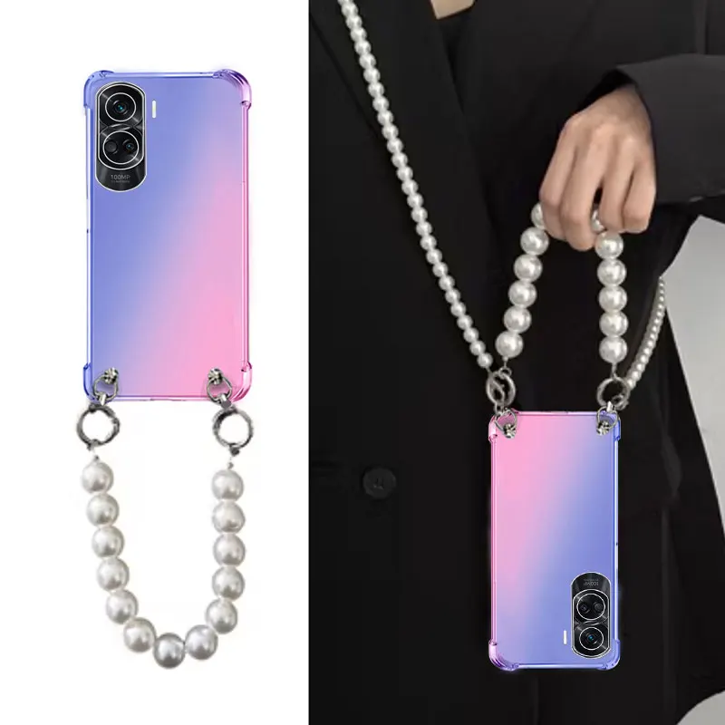 Pearl Chain Crossbody Lanyard Case with Rainbow Gradient Soft TPU Shockproof Cover