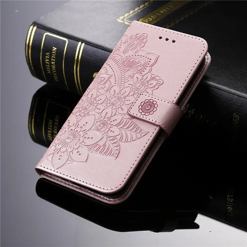 Retro Totem Sunflower Leather Wallet Phone Case with Magnetic Flip Cover and Card Holder