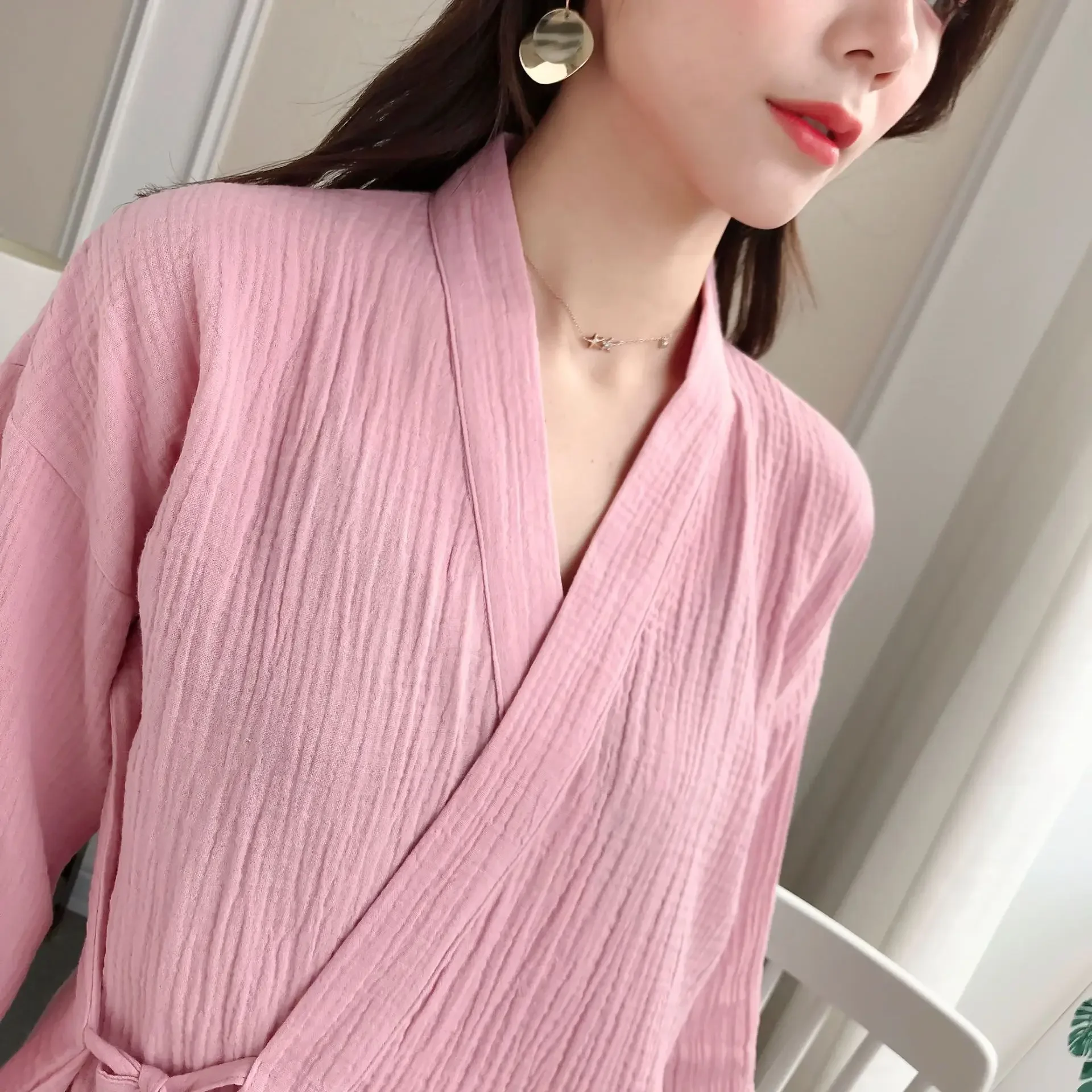 커플 솔리드 컬러 코튼 긴 소매 기모노 가운 긴 바지 2 Pcs 세트 Homewear Loungewear 여성 잠옷 의류
