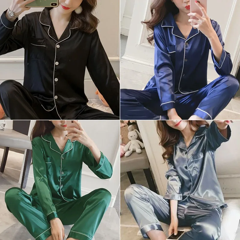 Autumn Winter Women’s Ice Silk Pajama Set Long Sleeve Cardigan 16