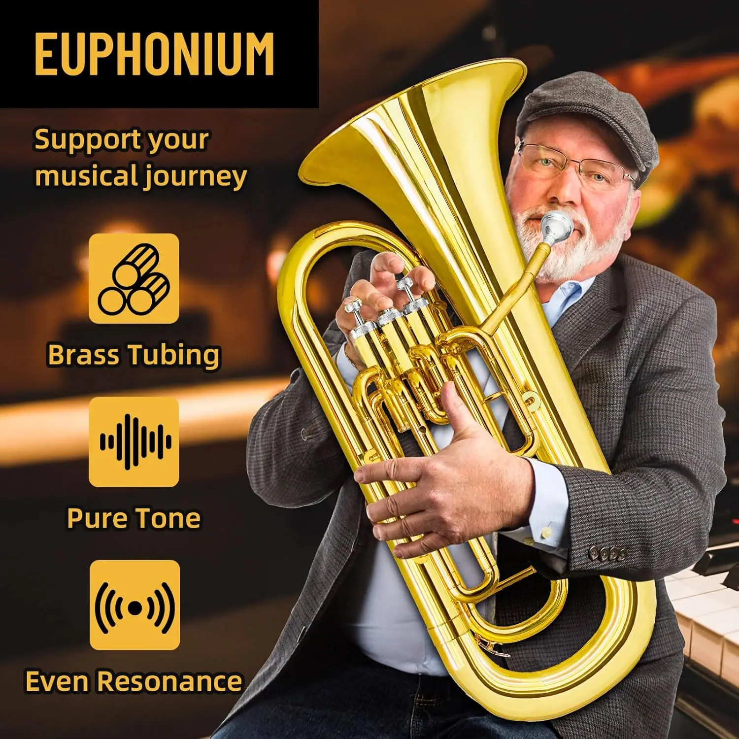 Euphonium Brass Instrument with Case, Mouthpiece, Cloth, and Gloves-Standard Brass Band Performance Model