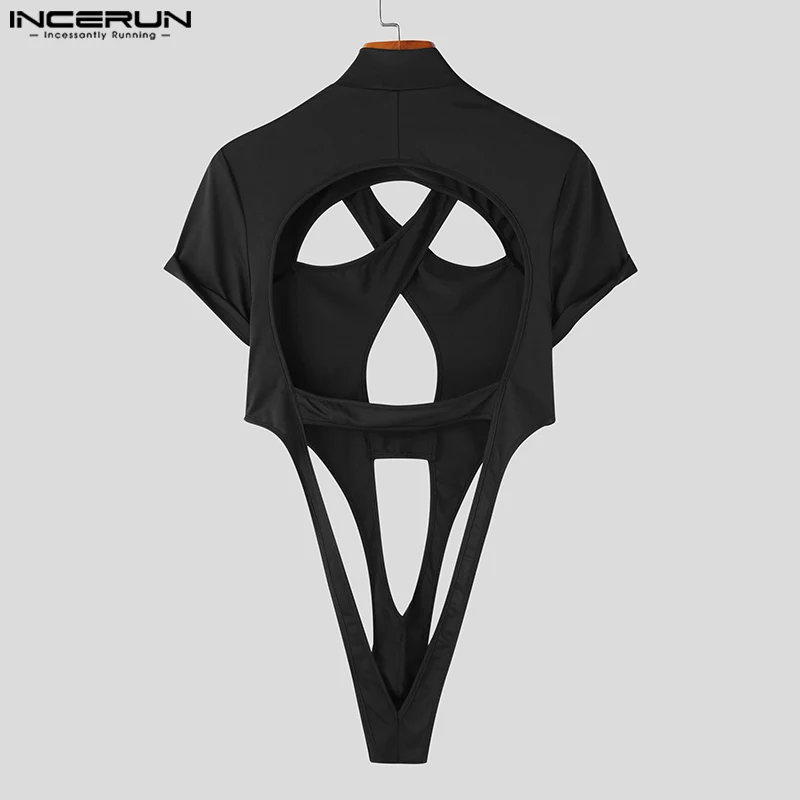 Men Bodysuits Men Jumpsuits Men Lingerie Fashion Men's Homewear Jumpsuits INCERUN Symmetric Hollow Design Short Sleeve Half High Neck Solid Triangle Bodysuits S-5XL