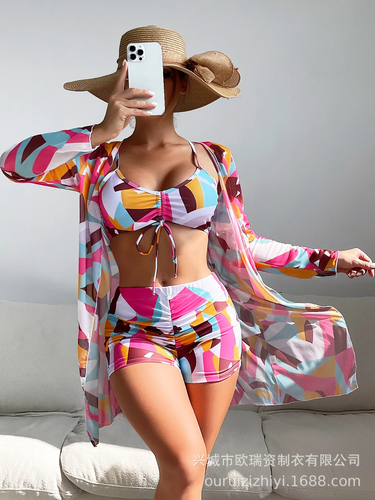2024 Summer shorts Bikini 3 Pieces Set Swimwear Sexy Floral Print Brazilian Swimsuit For Women Bathing Suit Female Cover Up