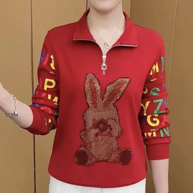 2023 New Spring and Autumn Leisure Loose Fit Slim Fashion Hot Diamond Zipper Collar Letter Printing Long Sleeve Women's Sweater