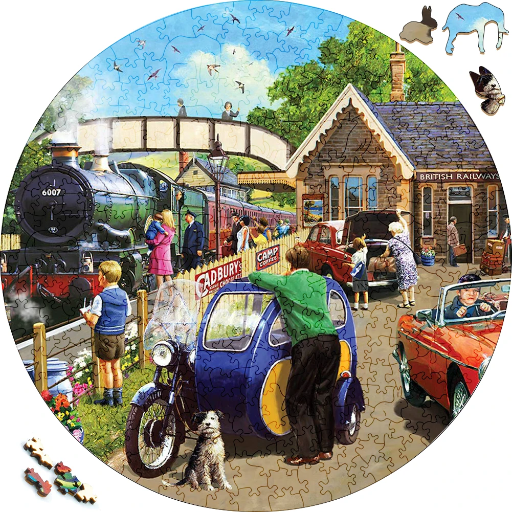 Unique Wooden Puzzles Relatives Farewell Train Wood Jigsaw Puzzle Craft Irregular Family Interactive Puzzle Gift for Kids Toys