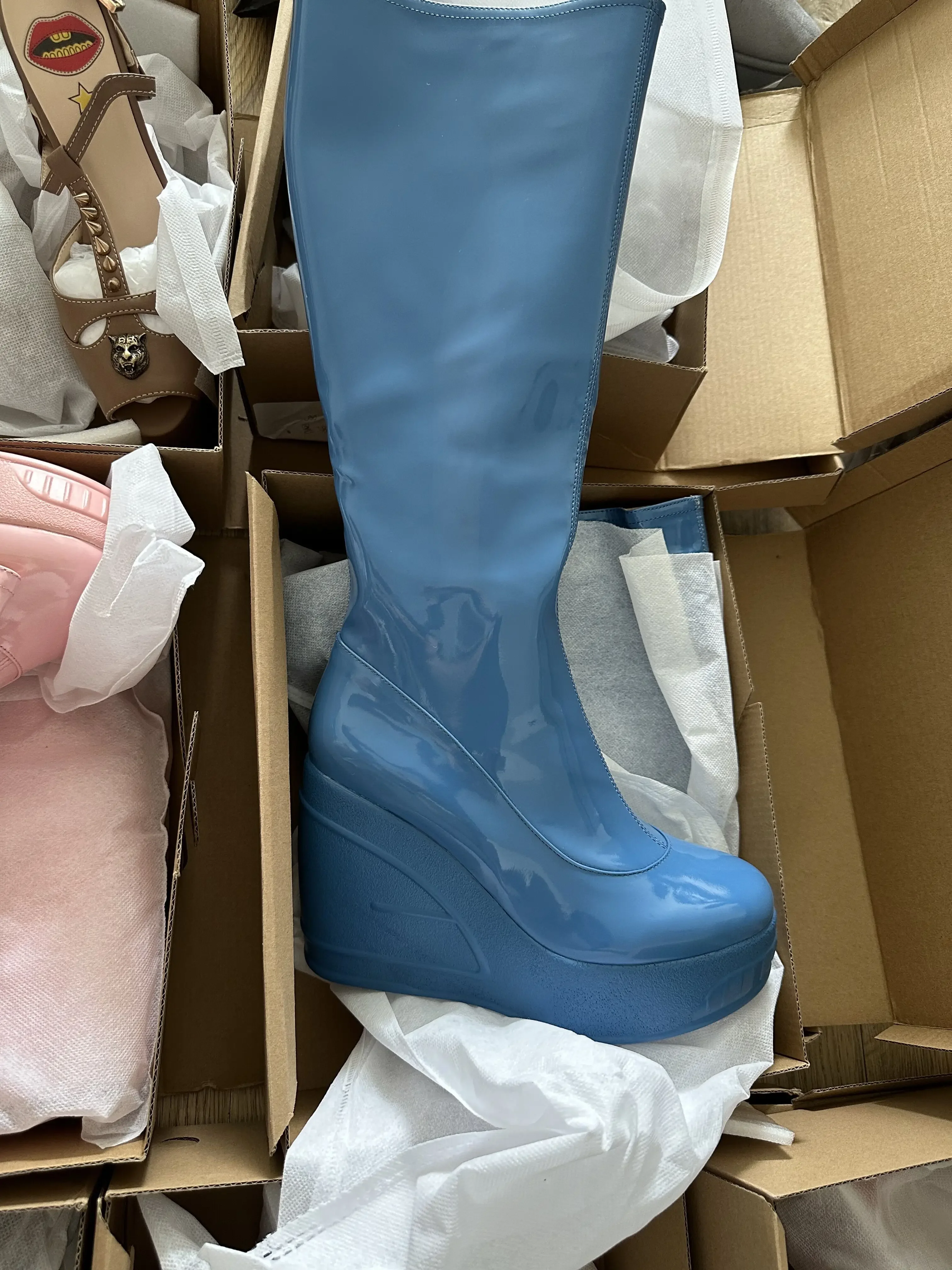 2024 Spring New Slope Heel Thick Bottom Round Toe High Heel Boots Fashion Sexy Cross-border Women's Plus Size Knee-high Boots