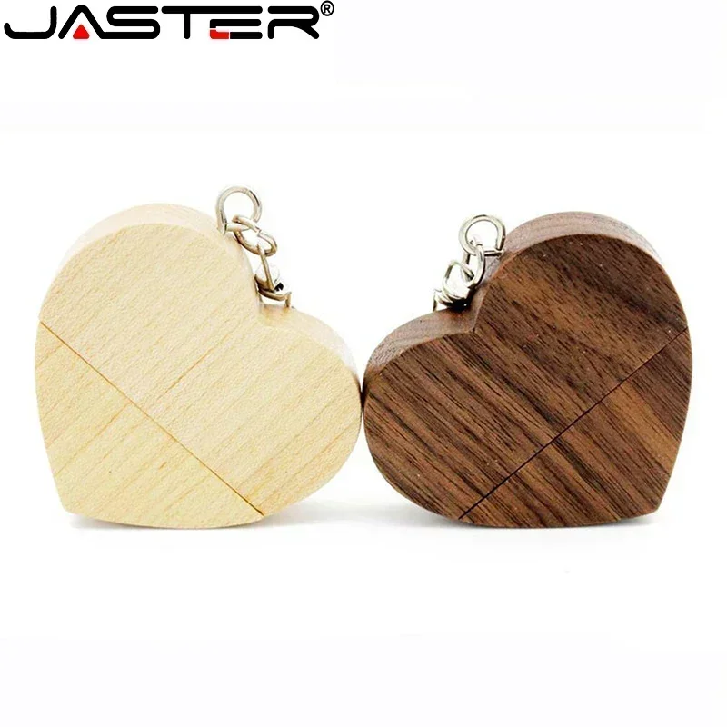 JASTER 펜 드라이브 호두 나무 하트 + 상자 USB 2.0 플래시 드라이브 무료 맞춤형 로고 메모리 스틱 열쇠 고리 결혼 선물 U 디스크 8G