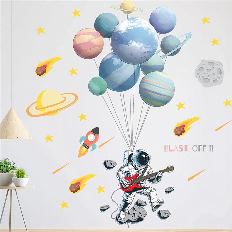 

Funny Planet Balloon Music Party Wall Stickers For Kids Bedroom Home Decoration Diy Space Mural Art Pvc Decals Astronaut Poster