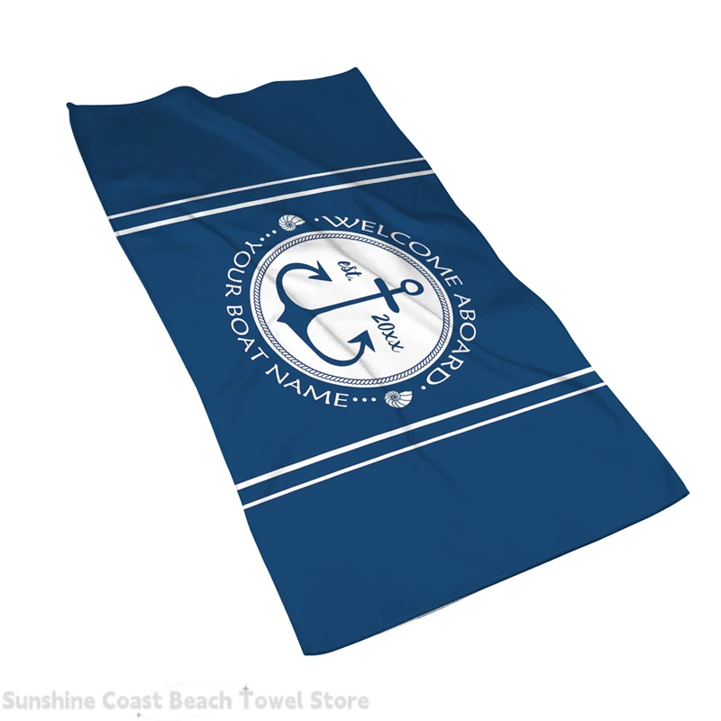 

Beach Towel Nordic Dark Blue Nautical Series Anchor Text Customizable Home Outdoor Bathroom Towel Large Extra Large Microfiber