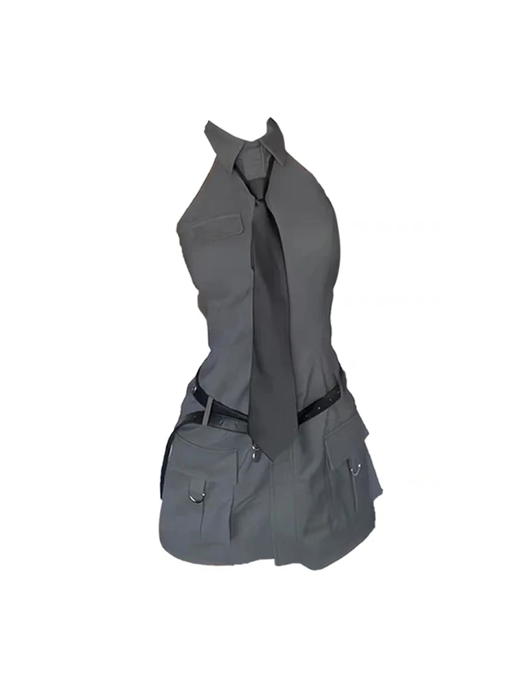 

Harajuku Corset Dress Elegant Temperament Sexy Halter Dress Polo Collar Pockets Cargo New Design Frocks Women Y2K Streetwear