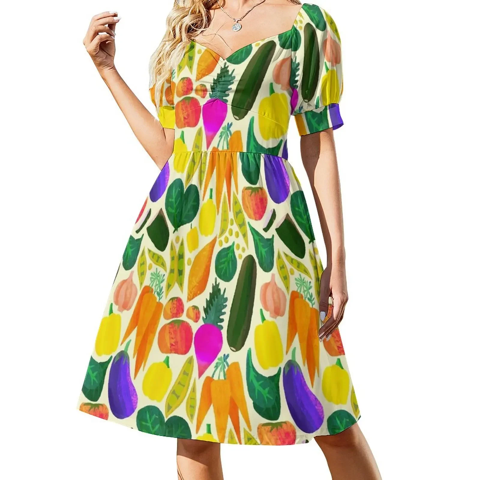 thumbnail image 1 of Vestido sin mangas con estampado de verduras y brillantes, ropa de verano para mujer, vestidos de cumpleaños para mujer, vestidos de fiesta., 1 of 7