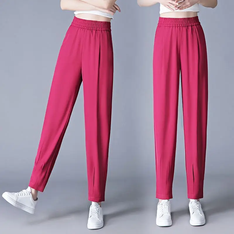 Summer New Fashion Casual Versatile Solid Harlan Pants Women's Elastic High Waist Pocket Button Simple Wide Leg Cropped Trousers