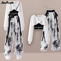 2023 Autumn Women Fashion Crop Sweatshirt Letter Sling Print Pants 1 or 3 Piece Set Lady Cool Streetwear Outfits Tops Trousers 1