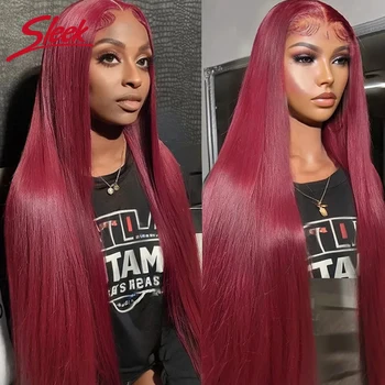 Sleek Red 99J Colored T1B/99J Wig 13*4*1 T Part Lace Front Part Brazilian Straight 22 Inches Human Hair Wigs Natural Remy Hair