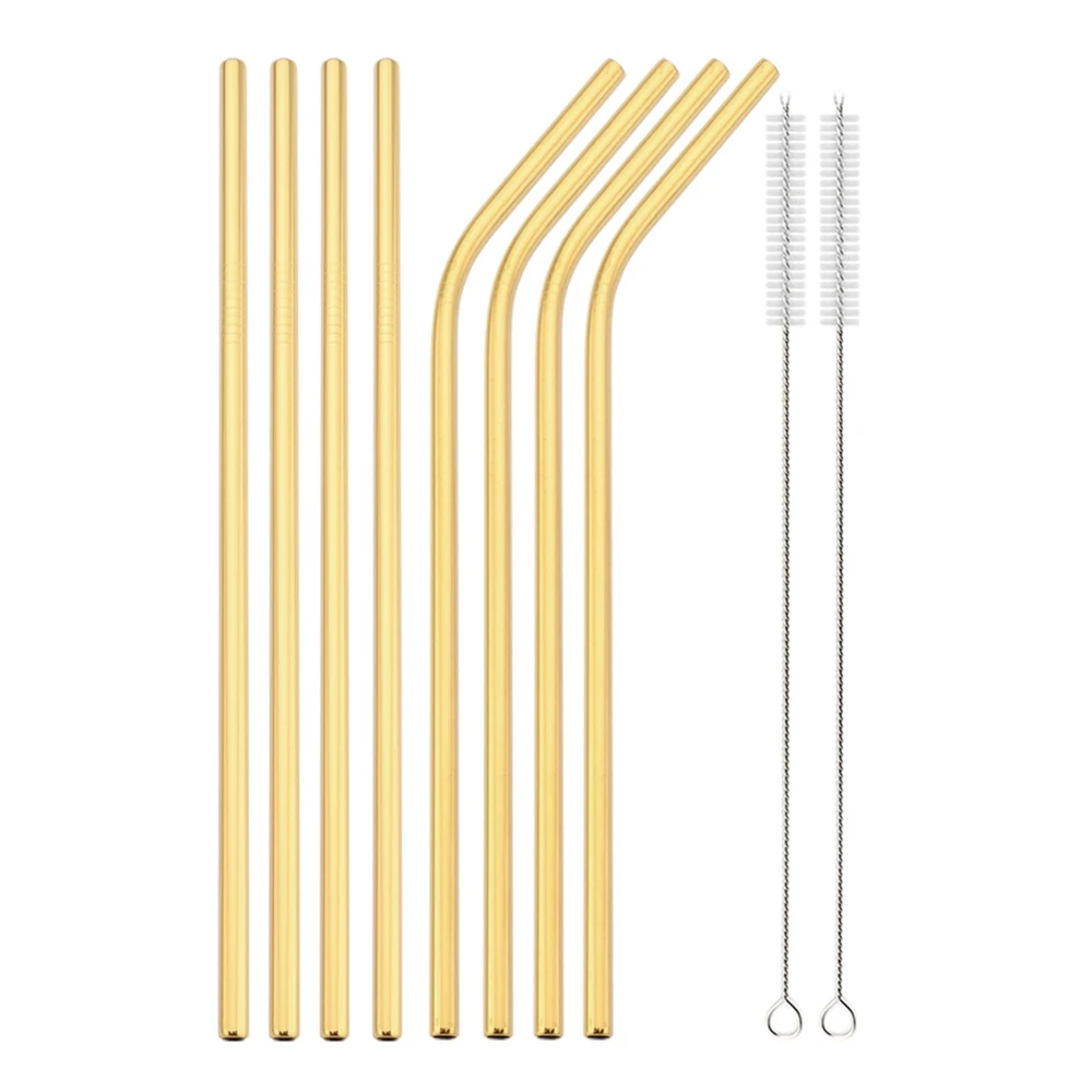 Eco-Friendly Reusable Silver Straw Set with Cleaning Brush, Stainless Steel Bent & Straight Straws
