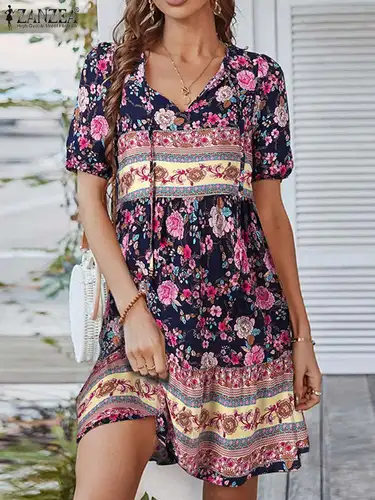 여성 짧은 소매 꽃 프린트 비치 드레스, 여름 보헤미안 파티 무릎 길이 Vestidos ZANZEA 2023 Holiday Sundress Robe Femme 4