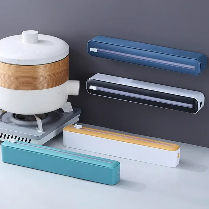 Cling Wrap Dispenser 2 in 1 Plastic Wrap Dispenser Food Cling Film Cutter Wrap Storage Box Aluminum Foil Stretch Film Cutter Kitchen Accessories