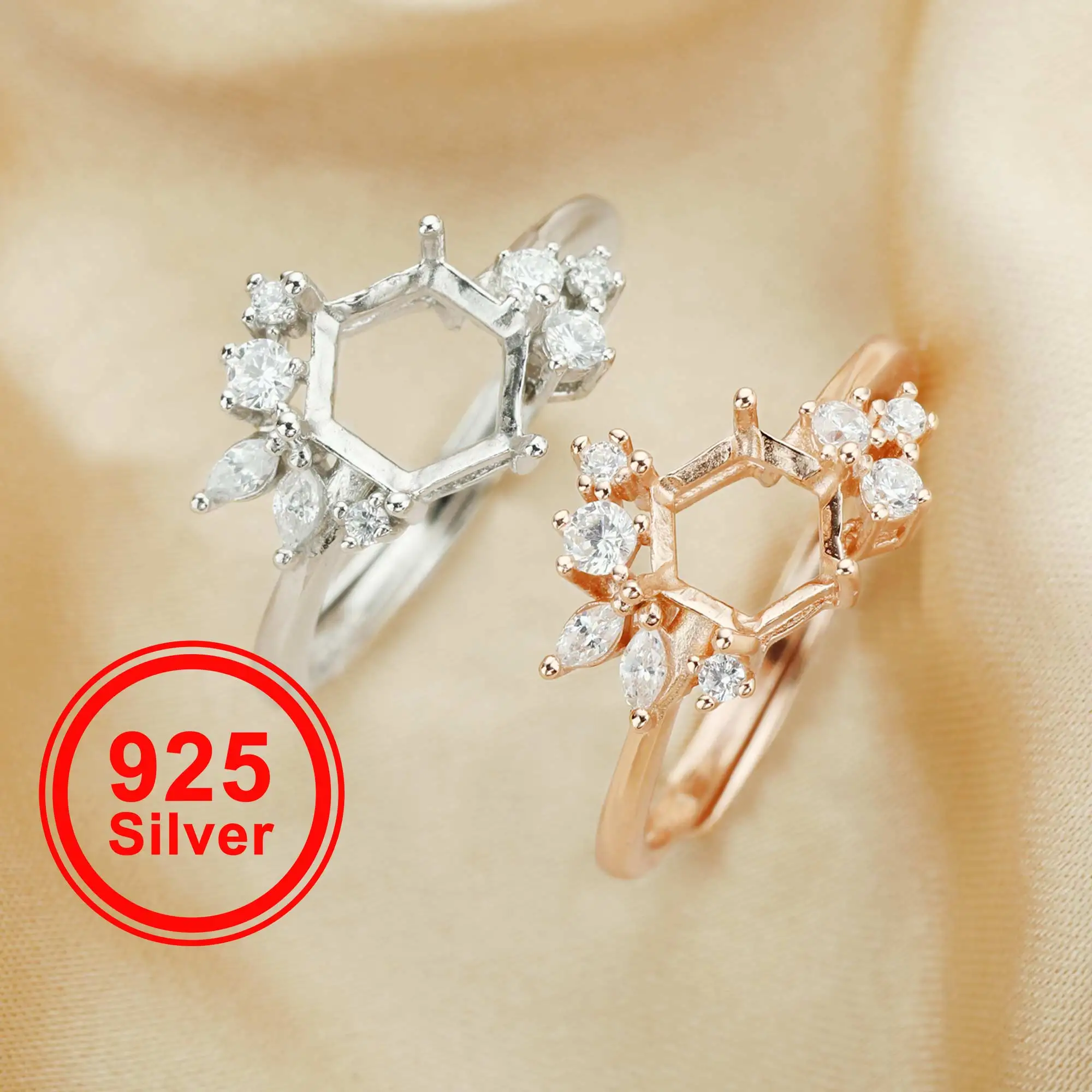 Hexagon Prong Ring Settings,Art Deco Stackable Solid 925 Sterling