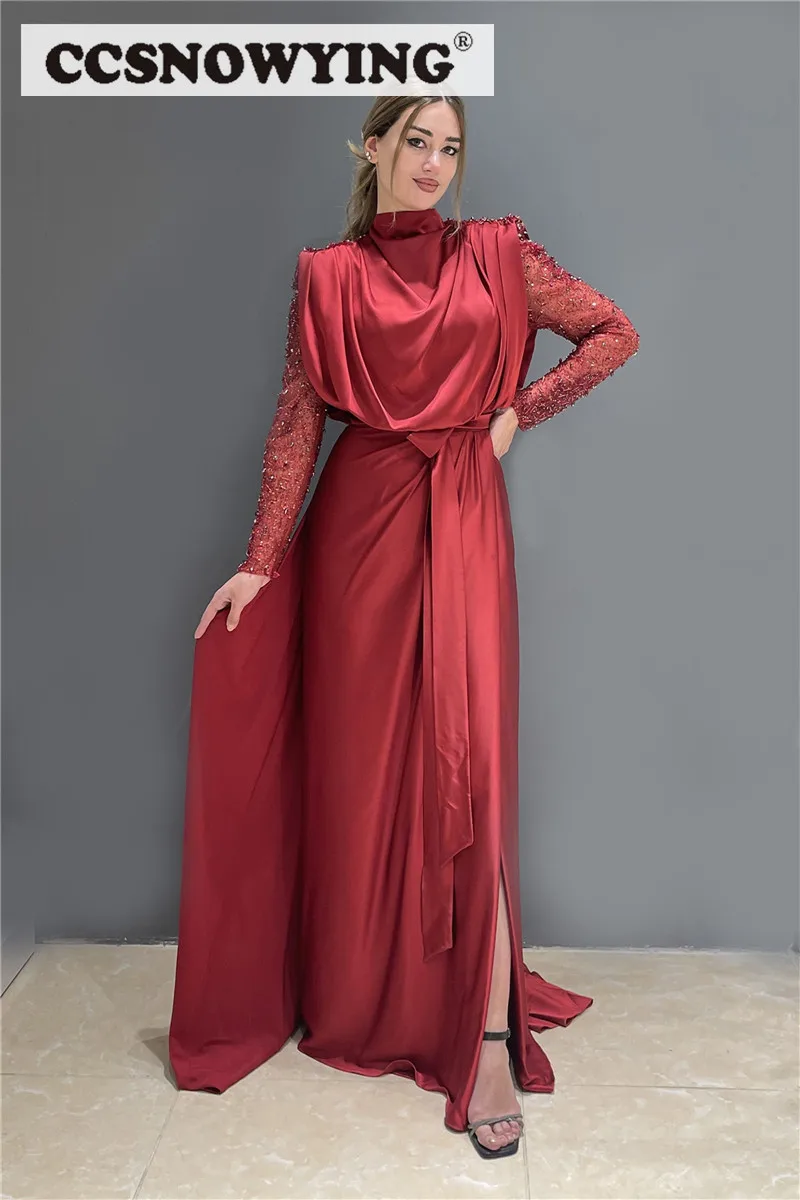

Simple Red Satin Long Sleeve Prom Dresses High Neck A line Formal Evening Party Gown with Slit Side Women Robe De Soiree
