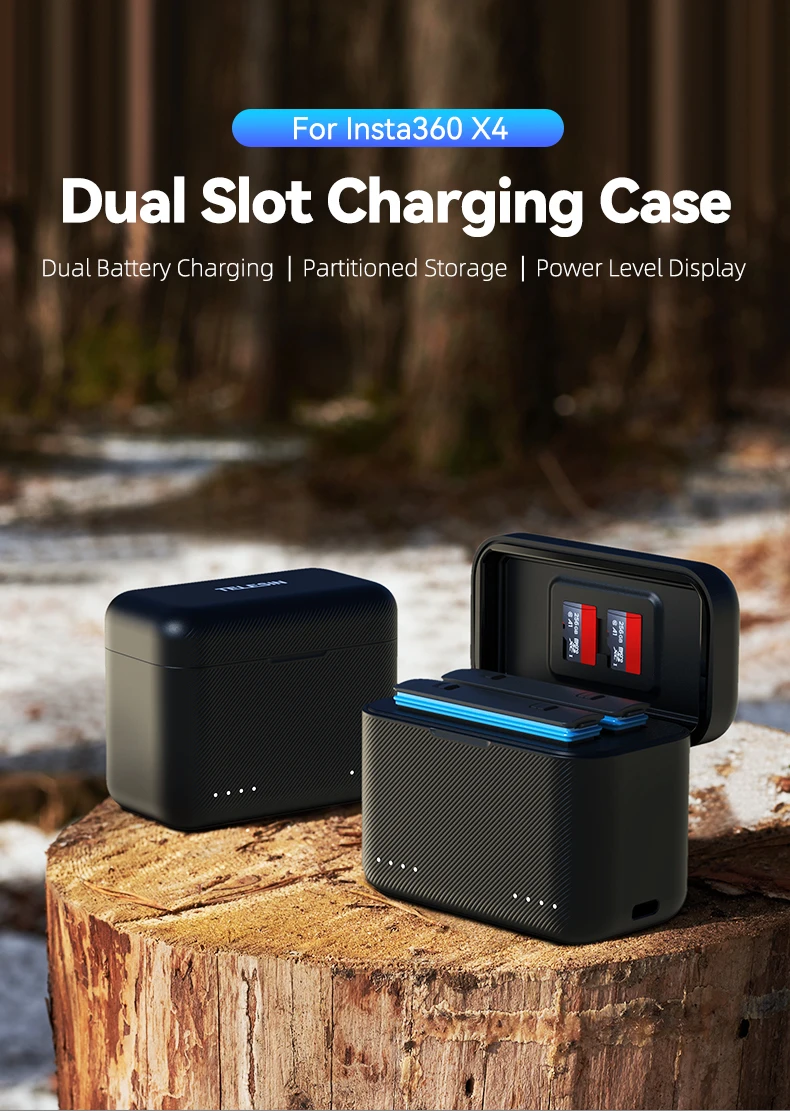 TELESIN For X3 X4 Battery Charger Portable Charging Case TF Card Storage Box Ch
