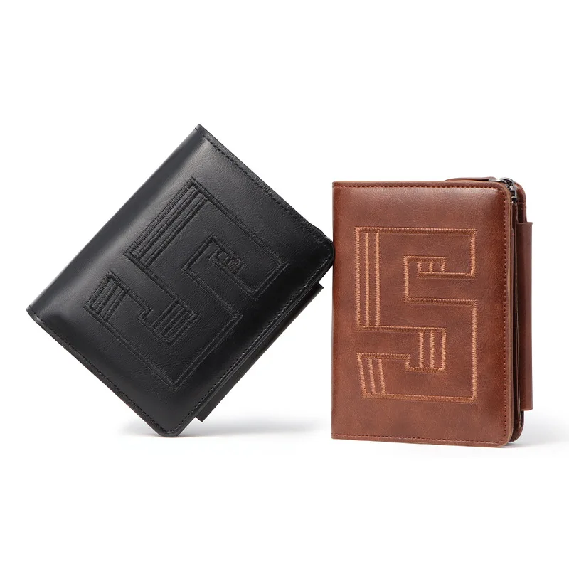 Vintage Men's Wallet Embroidery PU leather short Purse Male Anti theft swiping Card Bags Three fold driver's license Coin Wallet