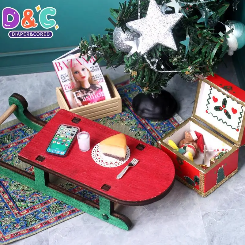 

1:12 Dollhouse Miniature Christmas Sleigh Coffee Table Cheesecake Cream Caks Food Set Model Doll Living Scene Decor Toy