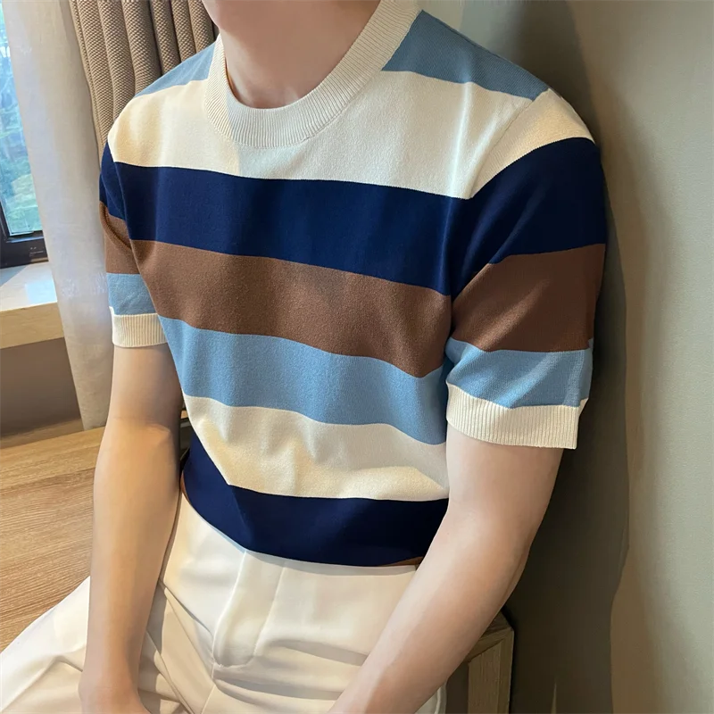 

Korean style summer short-sleeved color-blocked striped men's round neck small fresh loose casual high-quality sweater T-shirtS