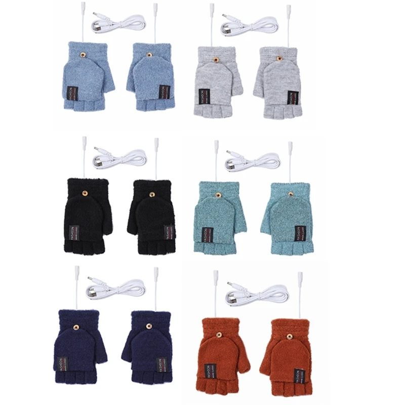 

USB Electric Heated Convertible Gloves Winter Half Finger Mittens Stretchy Half Finger Gloves with Top Cover for Men