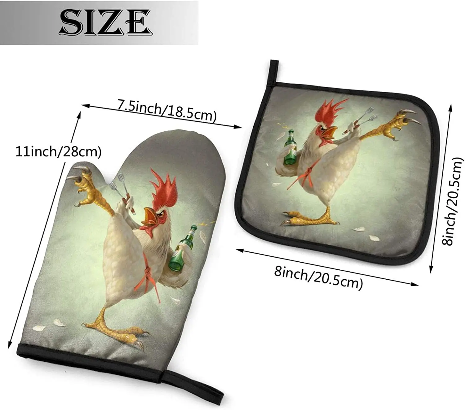 Funny Chicken Oven Mitts and Pot Holders Sets Heat Resistant Kitchen Non-Slip Printed Grip Oven Gloves for Microwave BBQ Cooking