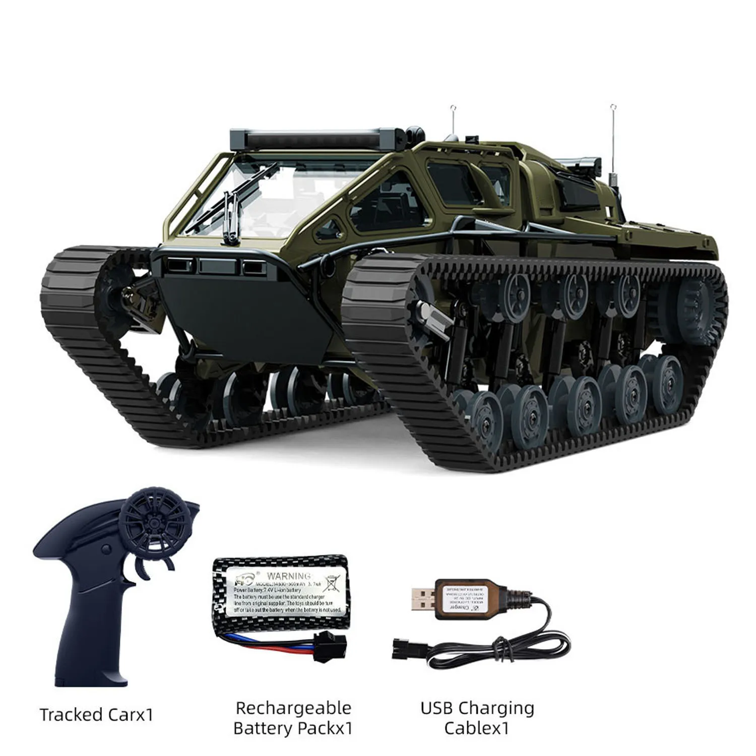 Détail des chenilles et des lumières LED de la voiture RC JJRC C8812 1:18 tout-terrain.