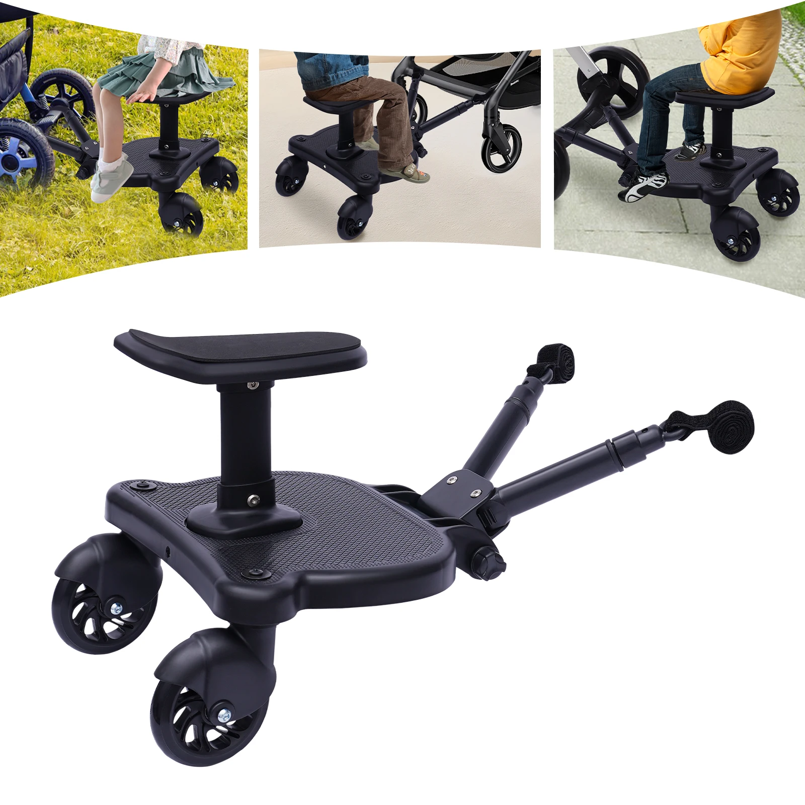 Universal Stroller Board 2-in-1 with Removable Seat Adjustable Standing/Sitting Ride-On 55lbs Capacity for Toddler Age 3-7