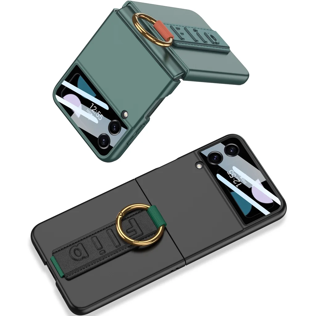 For Samsung Galaxy Z Flip 3 Case Ultra Thin Skin Friendly Matte Wrist Strap Metal Ring Bracket Mirror Film Shockproof Cover