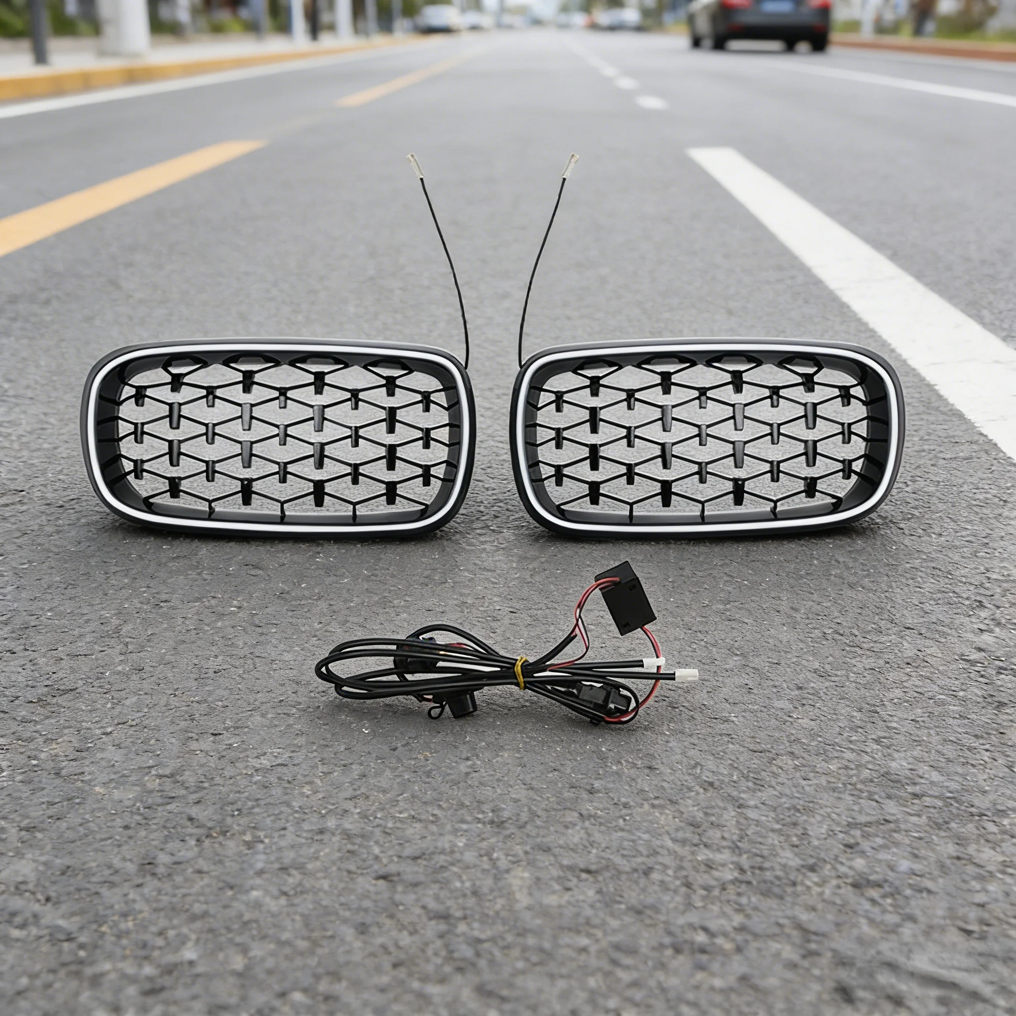 2014년부터 2018년까지 BMW X5 F15 X6 F16 M 스포츠 듀얼 더블 라인 교체용 전면 LED 그릴 라이트 레이싱 그릴 (글로스 블랙 ABS)