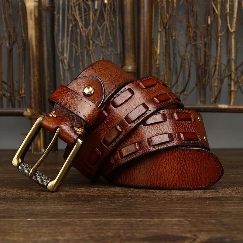 

High Quality 3.8CM Genuine Leather Belt Men Luxury Strap Male Belt Weave New Fashion Wild Cowskin Copper Retro Pin Buckle