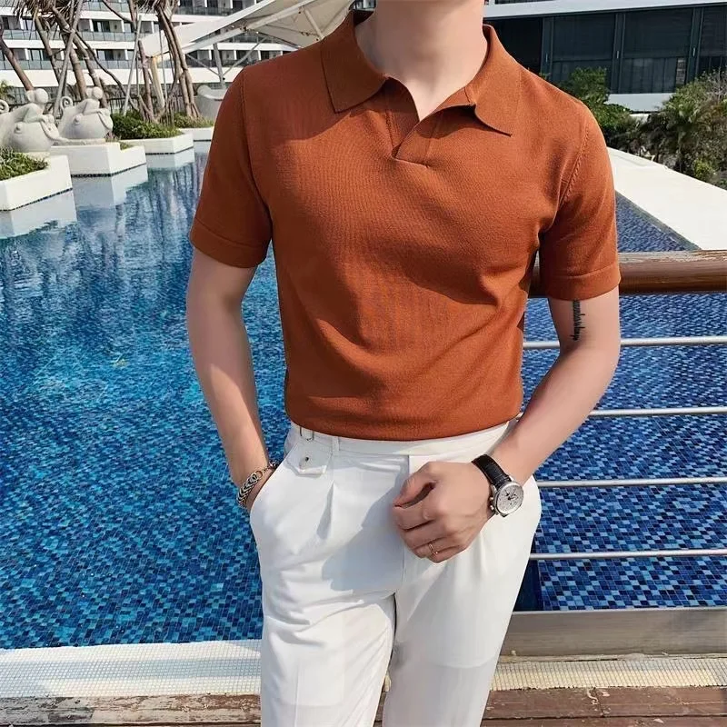 

2022 Summe Men's Fashion Trend Business Slim Fit T-shirts Solid Color Casual Lapel Collar Tshirts Short Sleeve Kint T Shirt