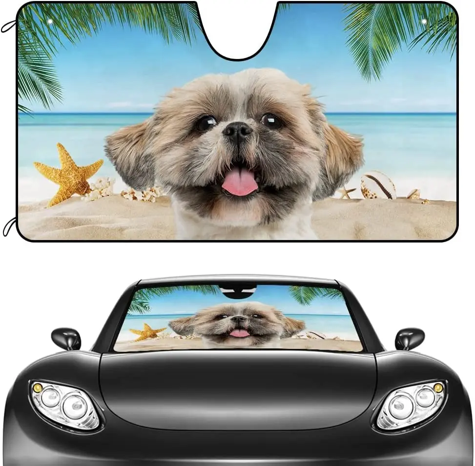 

CafeTime Dog Car Front Windshield Sunshade Adorable Shih Tzu in The Beach Summer Decor Vehicle Sun Shade Visor UV Ray Reflector