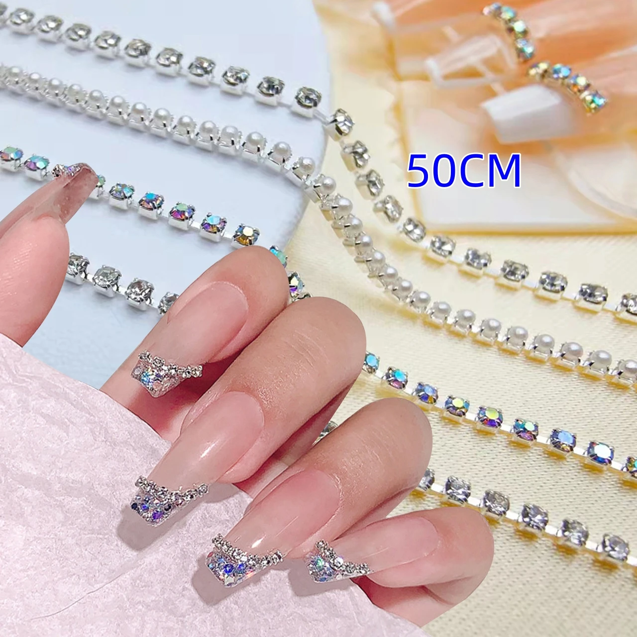

50CM Silver Shiny Nail Rhinestone Metal Chain Close/Sparse Chain Nail Ornament Nail Ornament Decor DIY Jewelry Accessory #