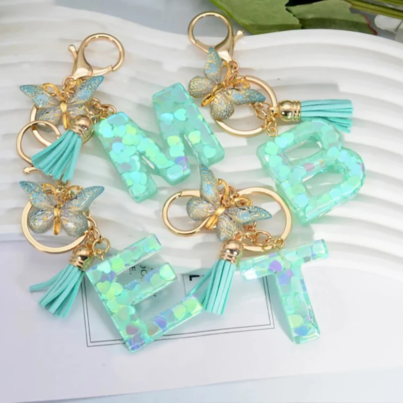 

Fashion Green A-Z Initials Keychain Resin Letter Keyring With Butterfly Tassel Pendant For Women Bag Charm Car Key Accessories