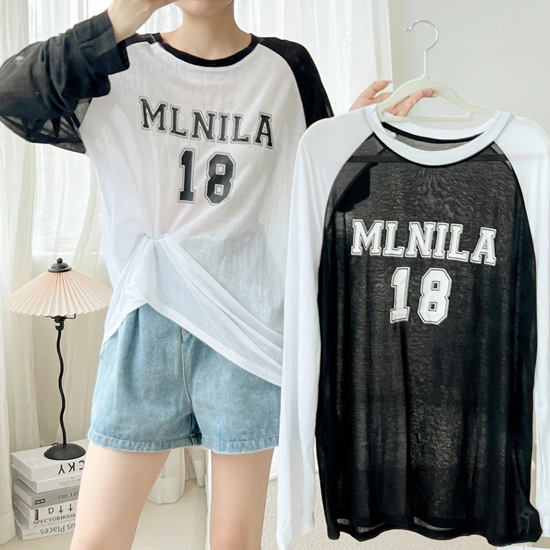 

Fashion Casual Splicing Ice Silk Sunscreen Woman Tshirts Women Sexy Tops Female Lady Nice Aesthetic Girls Lettered Graphic Tee