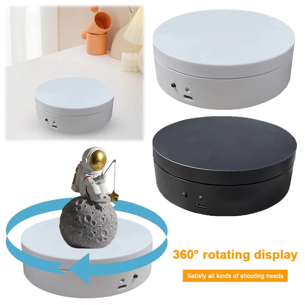 360도 회전 전동 턴테이블 12cm 자동 회전 플랫폼 USB 충전/배터리 작동 라이브 비디오용