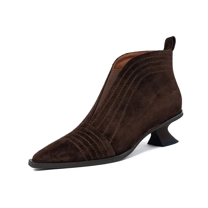 

New Kid Suede Retro Ankle Boots 2023 Autumn Women Shoes Slip-on Pointed Toe Strange Style Heel Black Brown Solid Short Boot