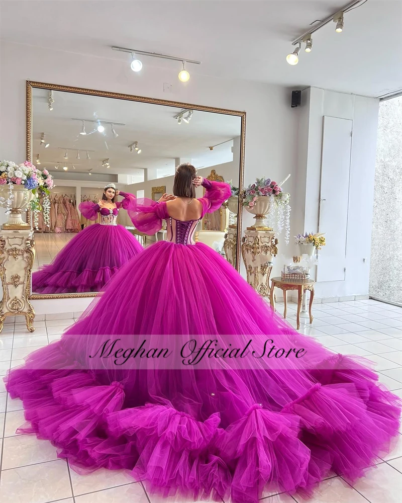 

Мексиканское фиолетовое платье Quinceanera с открытыми плечами 2023, вышитое бисером женское платье для выпускного вечера, бальное платье с оборками, милое 16 Robe De Bal