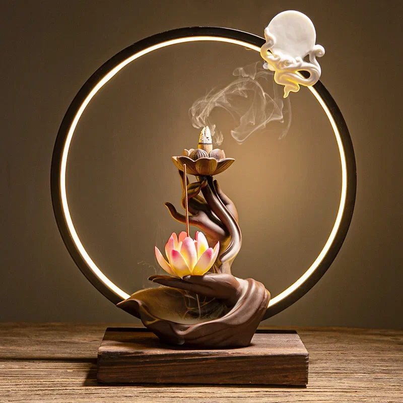 

Buddha Hand Backflow Incense Burner Waterfall Incense Burner Lotus Holder Censer Fragrance Stand Ceramic Decoration